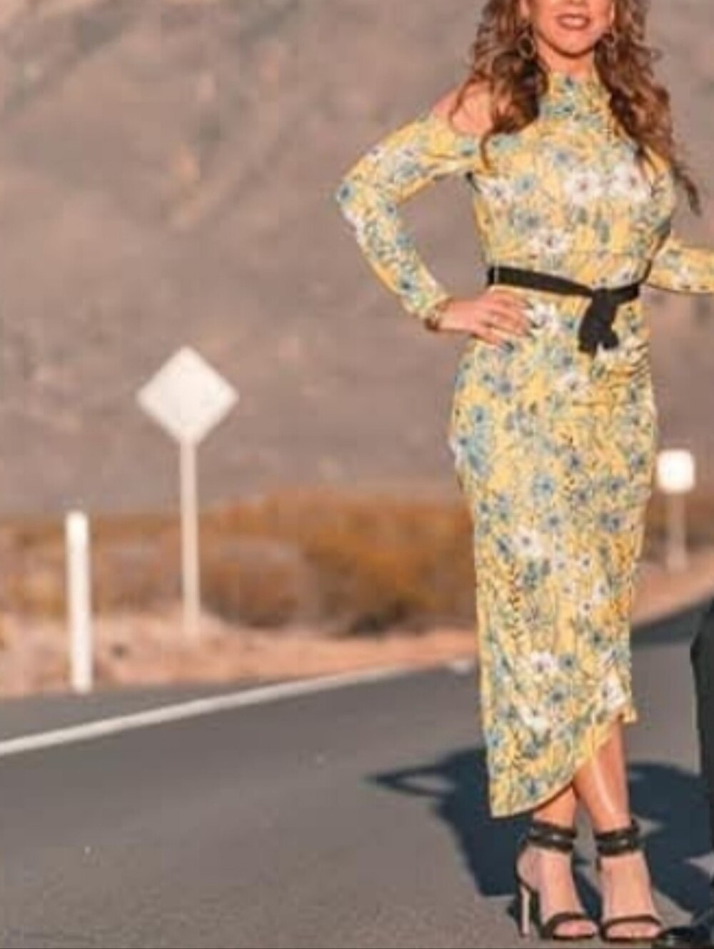 bebe Yellow Floral Asymmetrical Cold-Shoulder Midi Dress